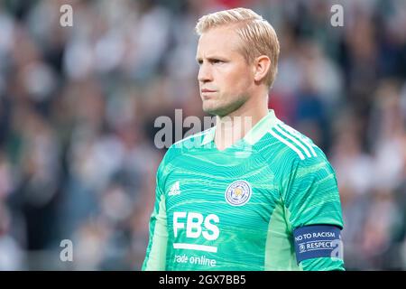 Warschau, Polen. September 2021. Kasper Schmeichel vom FC Leicester City gesehen während des UEFA Europa League Group Stage Matches zwischen Legia Warszawa und dem FC Leicester City im Marshal Jozef Pilsudski Legia Warsaw Municipal Stadium.Endstand; Legia Warszawa 1:0 Leicester City FC. (Foto von Mikolaj Barbanell/SOPA Images/Sipa USA) Quelle: SIPA USA/Alamy Live News Stockfoto