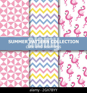 Kollektion mit tropischen Sommermustern. Flamingo-Thema, Sommer-Banner. Stock Vektor