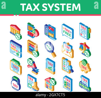 Steuersystem Finanzen Isometrische Symbole Set Vector Stock Vektor