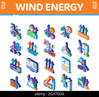 Techniker Der Windenergie Isometrische Symbole Setzen Vektor Stock Vektor