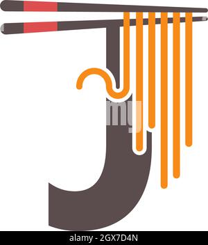 Buchstabe J mit Essstäbchen und Designvorlage für Nudelsymbol-Logo Stock Vektor