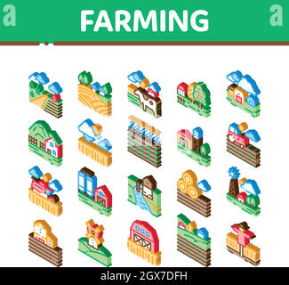 Landwirtschafts-Landschaft Isometrische Symbole Set Vektor Stock Vektor