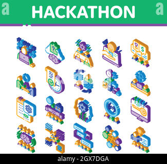 Hackathon Entwicklung Isometrische Symbole Set Vektor Stock Vektor