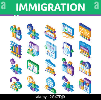 Immigration Flüchtling Isometrische Symbole Set Vektor Stock Vektor