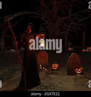 Ein Todesengel auf dem Friedhof mit einer Sense im Nachthintergrund - 3d-Rendering Stockfoto