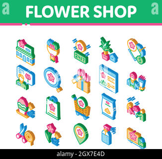 Flower Shop Boutique Isometrische Symbole Set Vektor Stock Vektor