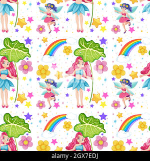 Nahtlose Märchen mit Regenbogen und Blumen Cartoon-Stil auf weißem Hintergrund Stock Vektor