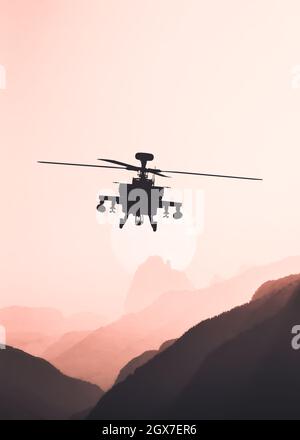 Amerikanischer Angriffshubschrauber schwarze Silhouette im Flug Stockfoto