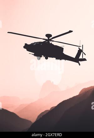 Amerikanischer Angriffshubschrauber schwarze Silhouette im Flug Stockfoto