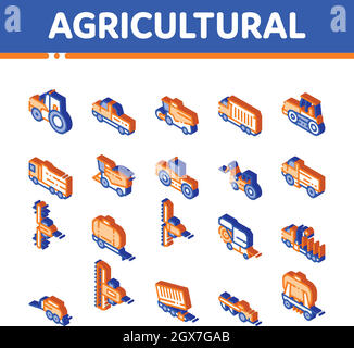 Landwirtschaftliche Fahrzeuge Vektor Isometrische Symbole Gesetzt Stock Vektor