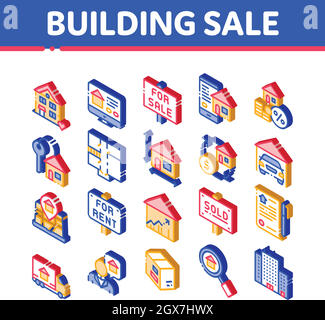 Gebäude Haus Verkauf Vektor Isometrische Symbole Set Stock Vektor