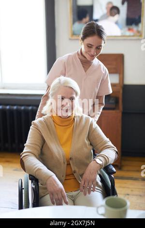 Vertikales Porträt einer jungen Frau, die lächelnde ältere Frau im Rollstuhl im Pflegeheim unterstützt Stockfoto