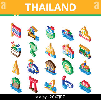 Thailand National Isometrische Symbole Set Vektor Stock Vektor