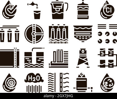 Elemente Der Wasseraufbereitung Glyphen Symbole Vektor Setzen Stock Vektor