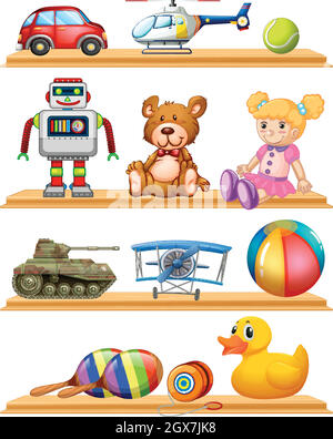 Verschiedene Spielzeuge auf Holzregalen Stock Vektor