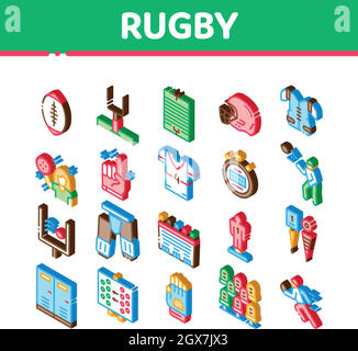 Rugby Sport Game Tool Isometrische Symbole Set Vektor Stock Vektor