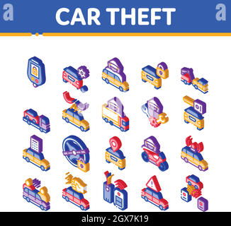 Autodiebstahl Isometrische Elemente Symbole Set Vektor Stock Vektor