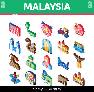 Malaysia National Isometric Icons Set Vector Stock Vektor