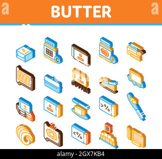 Butter Oder Margarine Isometrische Symbole Set Vector Stock Vektor