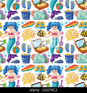 Nahtlose Meerjungfrau und Sommer-Symbol Cartoon-Figur auf weißem Hintergrund Stock Vektor