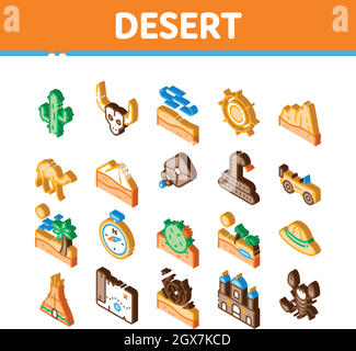 Wüste Sandy Landschaft Isometrische Symbole Set Vektor Stock Vektor