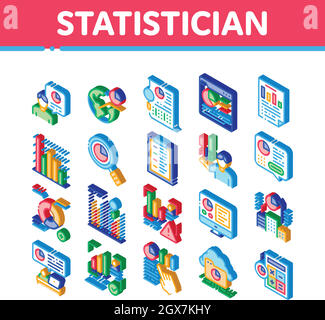 Statistiker Assistent Isometrische Symbole Set Vektor Stock Vektor