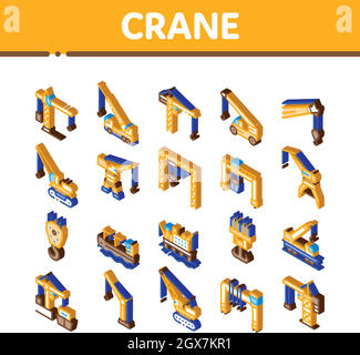 Kran Gebäude Maschine Isometrische Symbole Set Vektor Stock Vektor