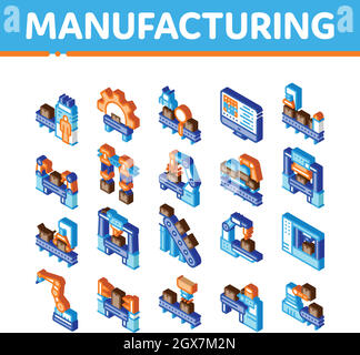 Herstellungsprozess Isometrische Symbole Vektor Setzen Stock Vektor