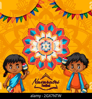 Navaratri Poster Design mit Mandala-Muster und glücklichen Kindern Stock Vektor