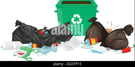 Papierkorb und Müllsäcke voller Abfälle Stock Vektor