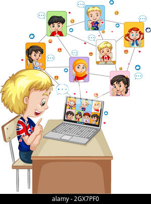 Ein Junge mit Laptop für Videoanruf mit Freund auf weißem Hintergrund Stock Vektor