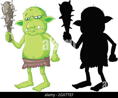 Goblin oder Troll halten Jagdwerkzeug in Farbe und Silhouette in Cartoon-Charakter auf weißem Hintergrund Stock Vektor