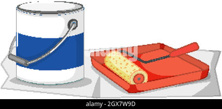 Farbwalze mit Farbtablett und Farbbehälter für Lackierarbeiten Stock Vektor