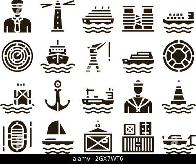 Marine Port Transport Glyph Set Vector Stock Vektor