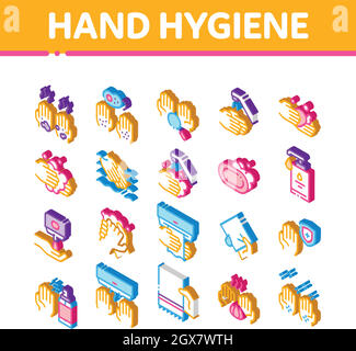 Hand Gesunde Hygiene Isometrische Symbole Set Vektor Stock Vektor