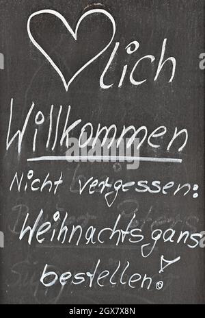 Werneuchen, Deutschland. September 2021. Ein Schild mit der Aufschrift 'Willkommen nicht vergessen: Bestellen Sie eine Weihnachtsgans!' Ist auf dem Bauernhof von Farmer Peters zu sehen. Auf dem Hof werden fast 2000 Gänse zum Martinsfest und Weihnachten gehalten. Quelle: Patrick Pleul/dpa-Zentralbild/ZB/dpa/Alamy Live News Stockfoto