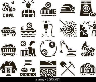 Kohlebergbau Ausrüstung Glyphe Set Vektor Stock Vektor