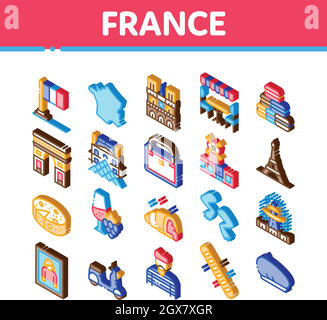 Frankreich Country Travel Isometrische Symbole Set Vector Stock Vektor