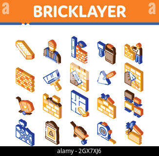 Bricklayer Industry Isometric Icons Set Vector Stock Vektor