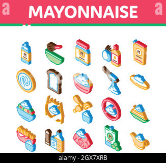 Mayonnaise Gewürzsauce Isometrische Symbole Set Vektor Stock Vektor