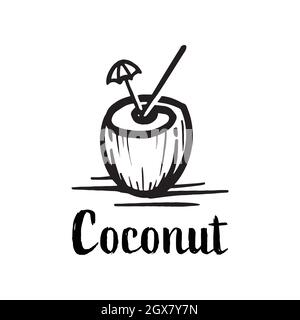 Coconut Drink Logo Silhouette. Coconut Cocktail handgezeichnete natürliche Getränk Symbol Stock Vektor