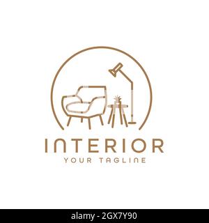 Minimalistische Innenausstattung mit Logo-Möbeln, Stühlen und Tischen Stock Vektor