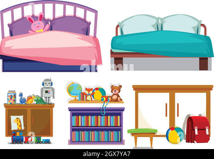 Schlafzimmer Objekte weißen Hintergrund Stock Vektor