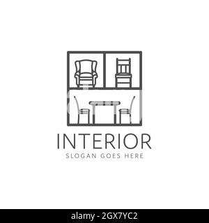 Möbeldesign-Logo, einfache Tisch- und Stuhlausstattung im monolinischen Stil Stock Vektor