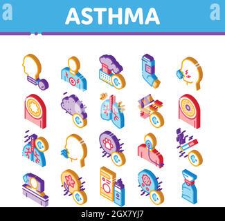 Asthma Krank Allergen Isometrische Symbole Set Vektor Stock Vektor