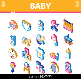 Baby Kleidung Und Werkzeuge Isometrische Symbole Set Vektor Stock Vektor