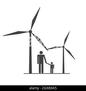 Logo „Windenergie“. Konzept für grüne Energie. Windturbine mit People Flat Design Symbol. Vektor- und Illustrationsdesign. Stock Vektor