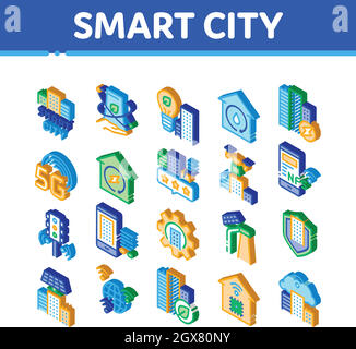 Smart City Technologie Isometrische Symbole Set Vektor Stock Vektor