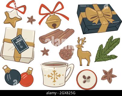 Weihnachtsgeschenke, Kekse und Einrichtung mit Pinienbäumen Stock Vektor