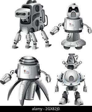 Set von futuristischen Robotern auf weiß Stock Vektor